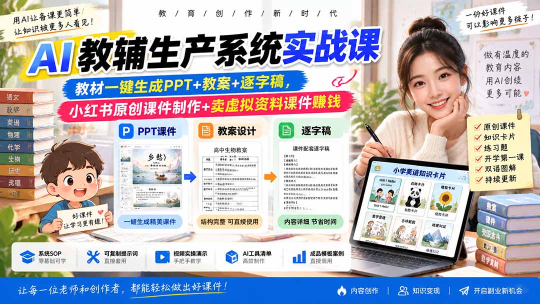 AI教辅生产系统实战课|教材一键生成PPT+教案+逐字稿,小红书原创课件制作+卖虚拟资料课件赚钱-云网创