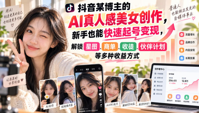 抖音某博主的AI真人感美女创作,新手也能快速起号变现,解锁星图,商单,收徒,伙伴计划等多种收益方式-云网创