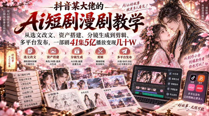 抖音某大佬的Ai短剧漫剧教学,从选文改文、资产搭建、分镜生成到剪辑、多平台发布,一部剧41集5亿播放变现几十W-云网创