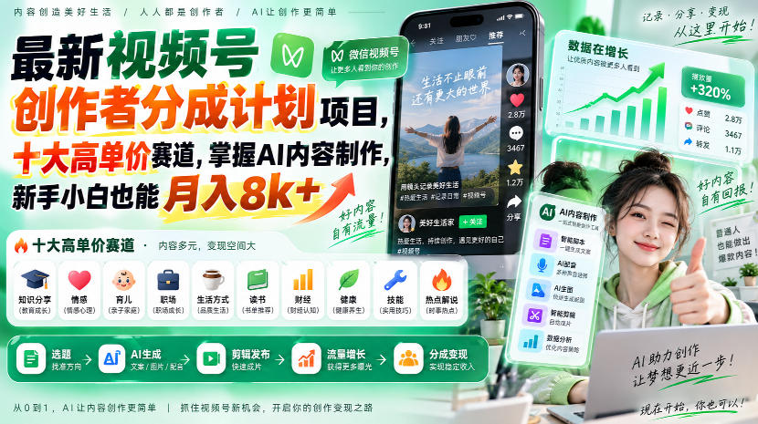 最新视频号创作者分成计划项目,十大高单价赛道,掌握AI内容制作,新手小白也能月入8k+-云网创