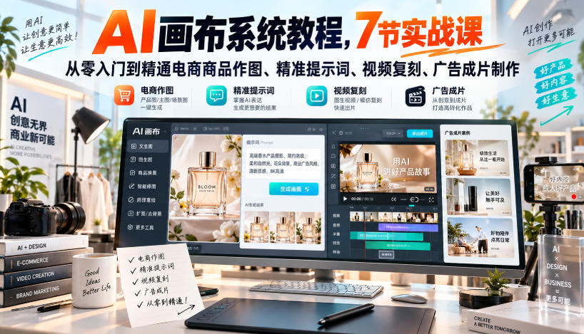 AI画布系统教程,7节实战课从零入门到精通电商商品作图、精准提示词、视频复刻、广告成片制作-万途网创