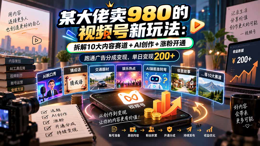 某大佬卖980的视频号新玩法:拆解10大内容赛道+AI创作+涨粉开通,跑通广告分成变现,单日变现200+-云网创
