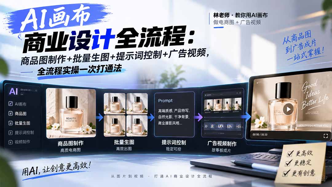AI画布商业设计全流程：商品图制作+批量生图+提示词控制+广告视频，全流程实操一次打通法-清风网创