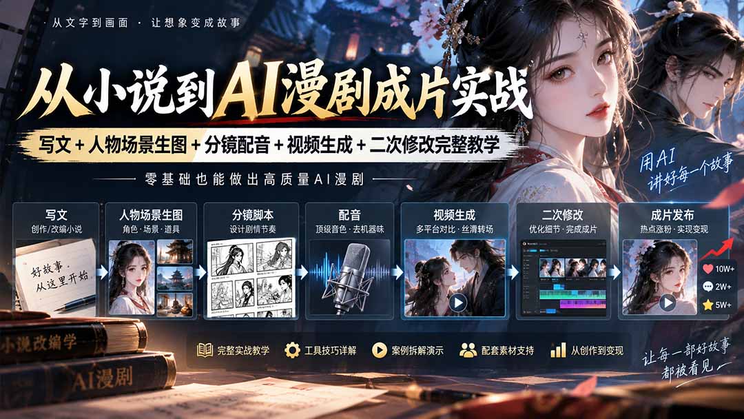 从小说到AI漫剧成片实战：写文+人物场景生图+分镜配音+视频生成+二次修改完整教学-清风网创