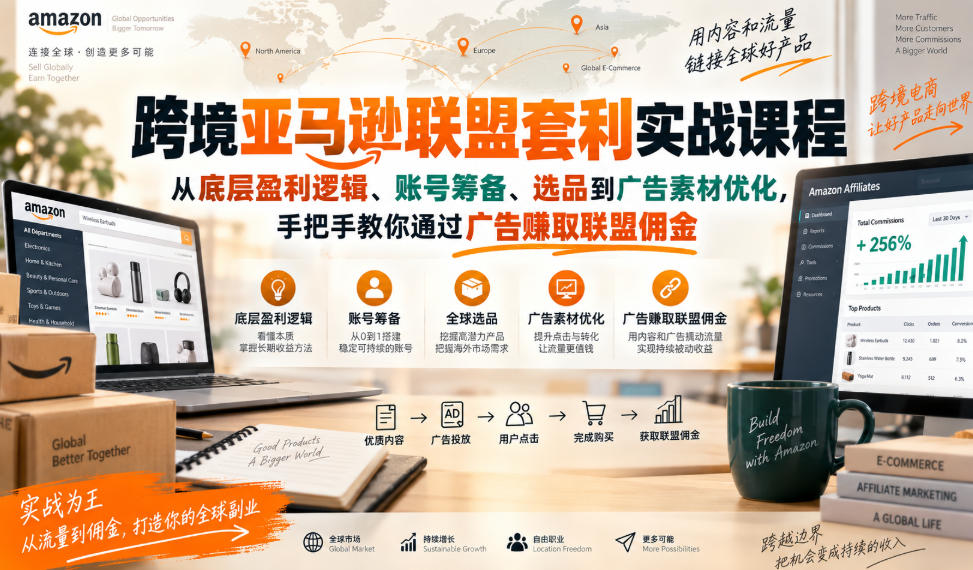 跨境亚马逊联盟套利实战课程,从底层盈利逻辑、账号筹备、选品到广告素材优化,手把手教你通过广告賺取联盟佣金-云网创