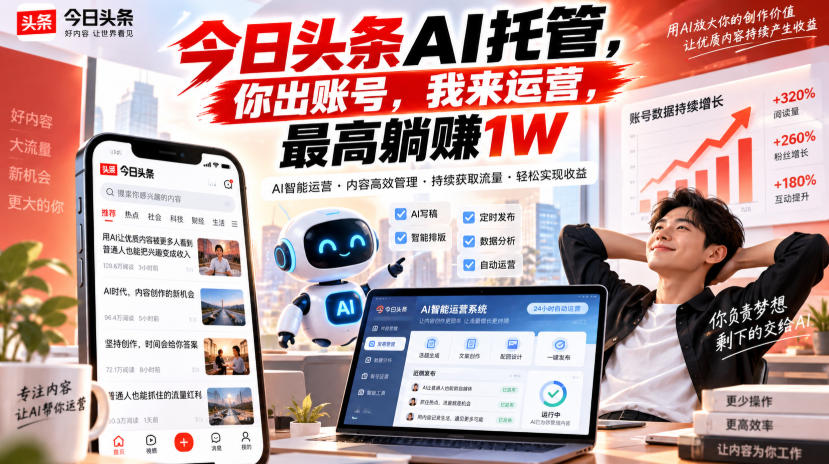 今日头条AI托管,你出账号,我来运营,最高躺賺1W【揭秘】-云网创