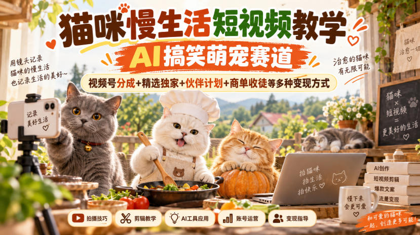 猫咪慢生活短视频教学,AI搞笑萌宠赛道,视频号分成+精选独家+伙伴计划+商单收徒等多种变现方式-云网创