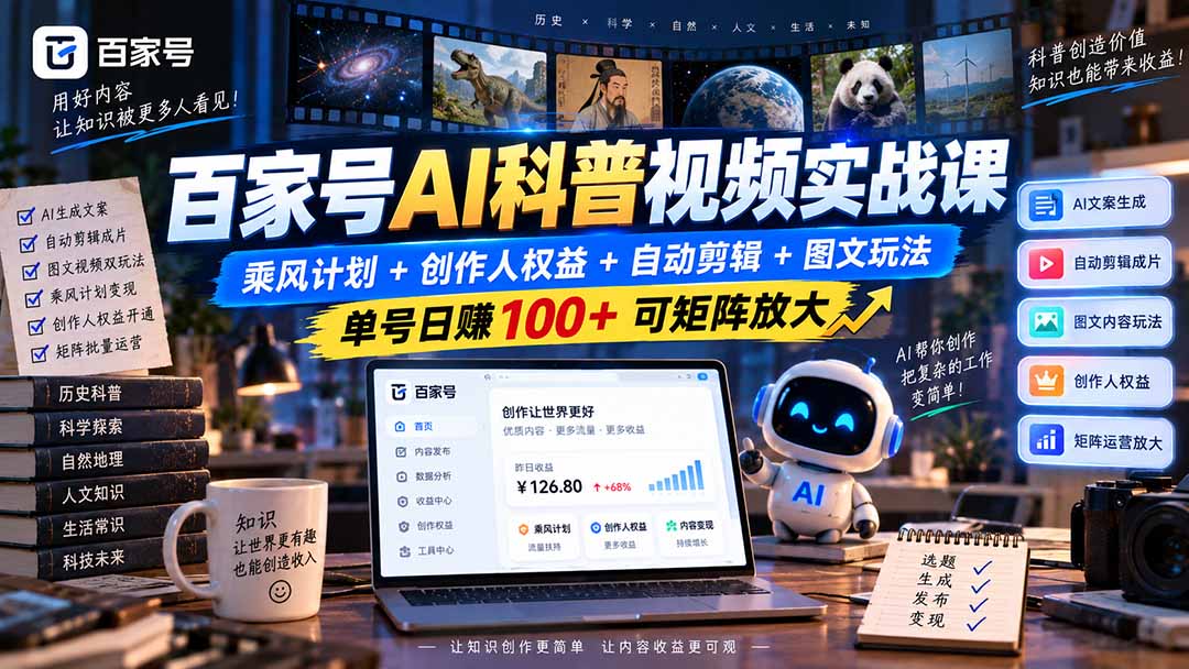 百家号AI科普视频实战课:乘风计划+创作人权益+自动剪辑+图文玩法,单号日赚100+可矩阵放大-云网创