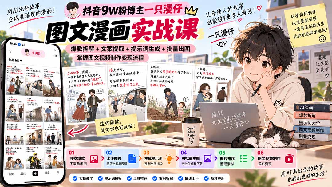 抖音9W粉博主一只漫仔图文漫画课:爆款拆解+文案提取+提示词生成+批量出图,掌握图文视频制作变现流程-云网创