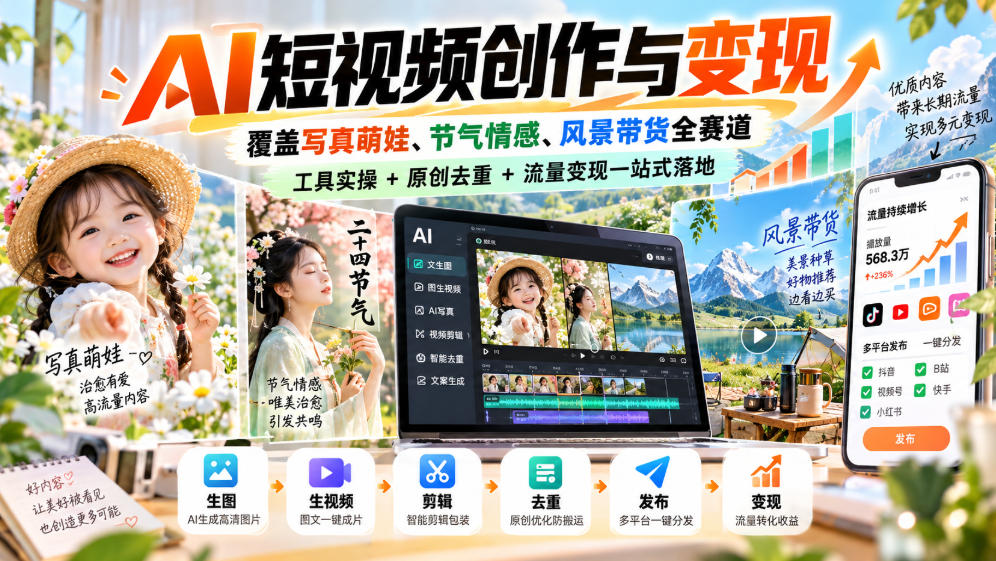 AI短视频创作与变现,覆盖写真萌娃、节气情感、风景带货全赛道,工具实操+原创去重+流量变现一站式落地-优优云网创