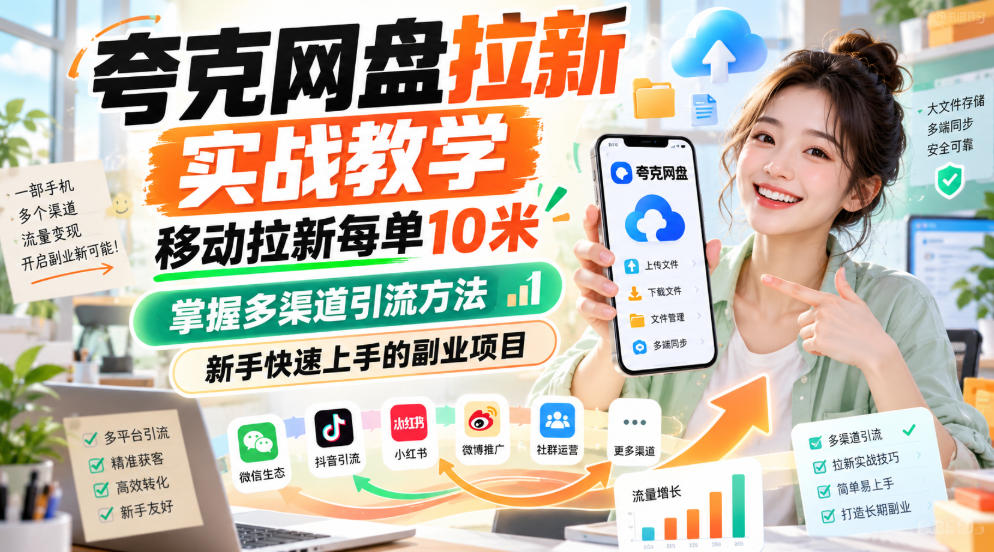 夸克网盘拉新实战教学,移动拉新每单10米,掌握多渠道引流方法,新手快速上手的副业项目(更新0929)-优优云网创