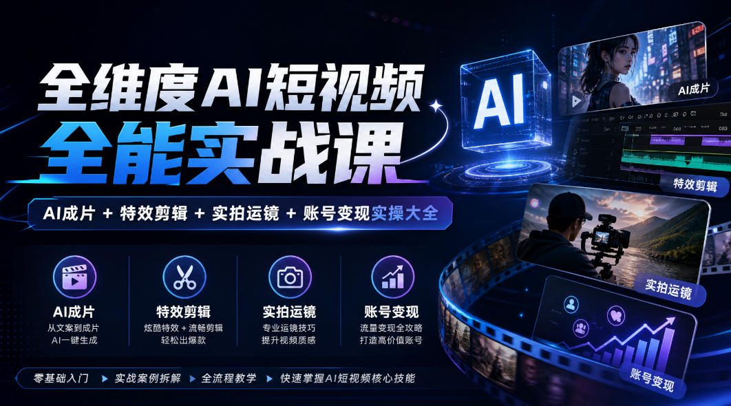 全维度AI短视频全能实战课,AI成片+特效剪辑+实拍运镜+账号变现实操大全-优集云网创