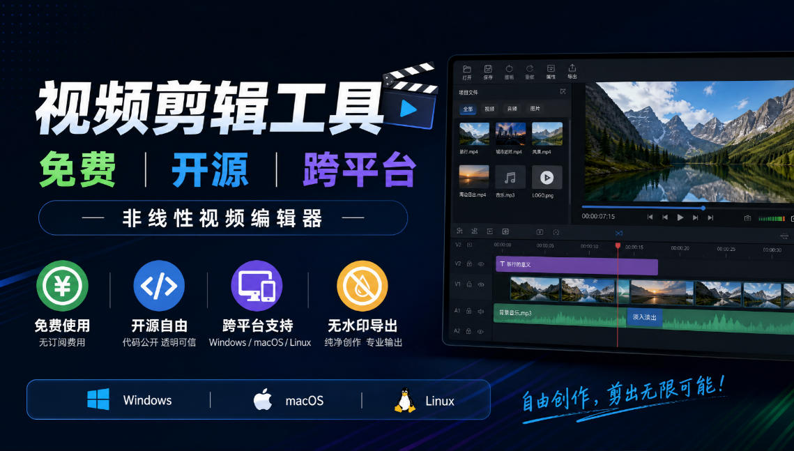视频剪辑工具,免费、开源、跨平台,非线性视频编辑器,支持Windows、macOS、Linux,无水印、无订阅费用-优集云网创