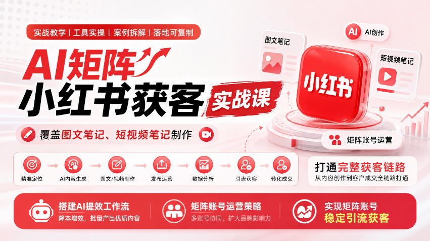 AI矩阵小红书获客实战课,覆盖图文笔记、短视频笔记制作,打通完整获客链路,搭建AI提效工作流,实现矩阵账号稳定引流获客-优集云网创