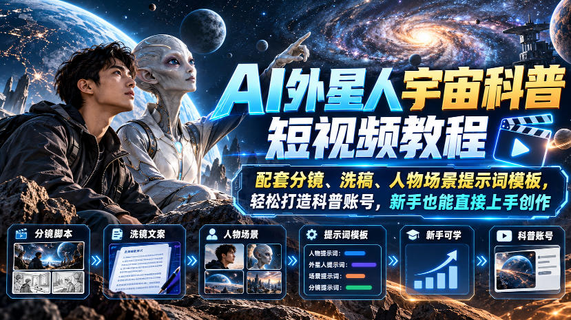 AI外星人宇宙科普短视频教程,配套分镜、洗稿、人物场景提示词模板,轻松打造科普账号,新手也能直接上手创作-优集云网创