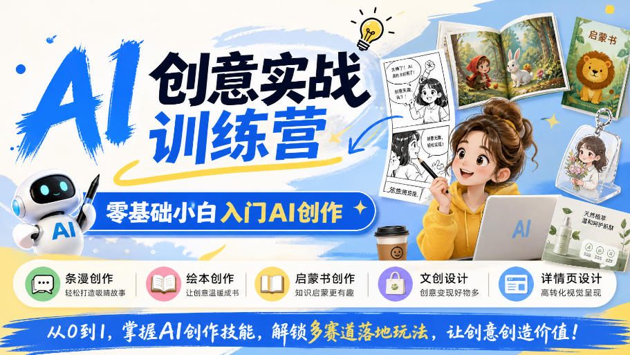 AI创意实战训练营,零基础小白入门AI创作,解锁条漫、绘本、启蒙书、文创、详情页多赛道落地玩法-优集云网创