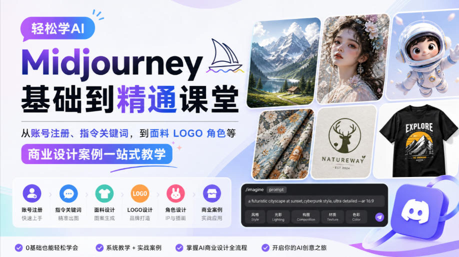轻松学AI Midjourney基础到精通课堂,从账号注册、指令关键词,到面料LOGO角色等商业设计案例一站式教学-优集云网创