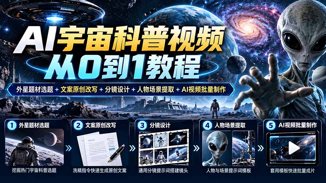 AI宇宙科普视频从0到1教程|外星题材选题+文案原创改写+分镜设计+人物场景提取+AI视频批量制作-启程云网创