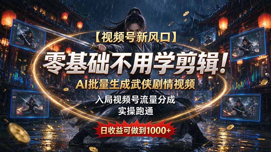 【视频号新风口】零基础不用学剪辑!AI 批量生成武侠剧情视频,入局视频号流量分成,实操跑通,日收益可做到 1000+-启程云网创