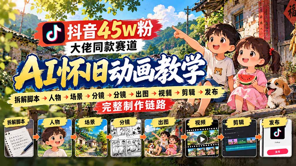 抖音45W粉大佬同款赛道AI怀旧动画教学:拆解脚本→人物→场景→分镜→出图→视频→剪辑→发布完整制作链路-启程云网创
