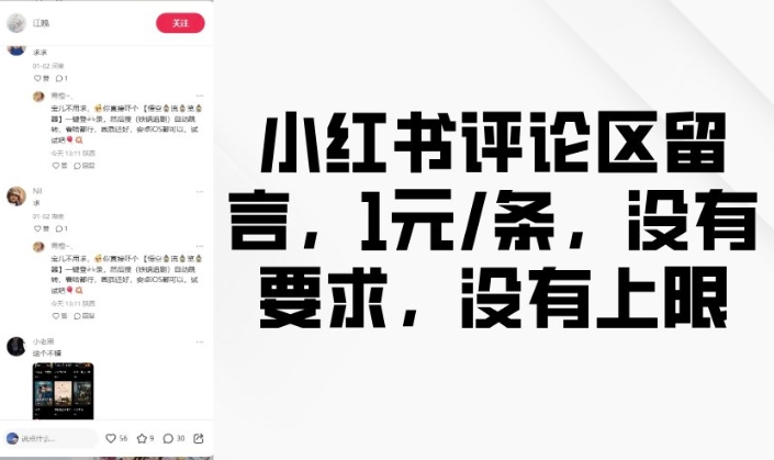 小红书评论区留言，1元条，没有要求，没有上限-优优云网创