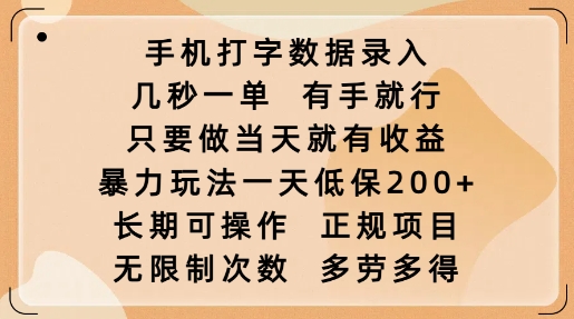 手机打字数据录入，几秒一单，有手就行，只要做当天就有收益，暴力玩法一天低保2张-亿云网创