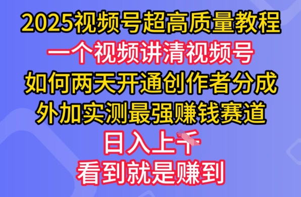 2025视频号超高质量教程，两天开通创作者分成，外加实测最强挣钱赛道，日入多张-雨辰网创分享