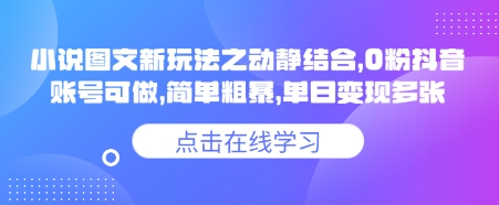 小说推文图文新玩法之动静结合，0粉抖音账号可做，简单粗暴，单日变现多张-亿云网创