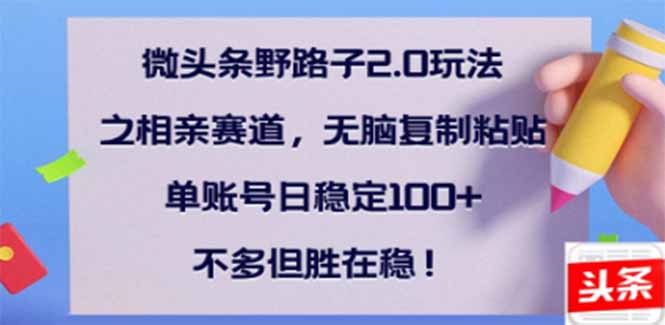 微头条野路子2.0玩法之相亲赛道，无脑搬砖复制粘贴，单账号日稳定300+…-云尚网