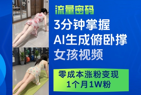 3分钟掌握AI生成俯卧撑女孩视频，零成本涨粉变现，1个月1W粉-优优云网创
