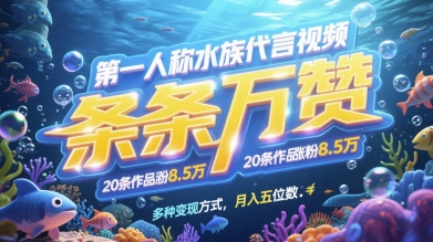 第一人称水族代言视频，条条万赞，20条作品涨粉7.8W，多种变现方式月入五位数-网创云