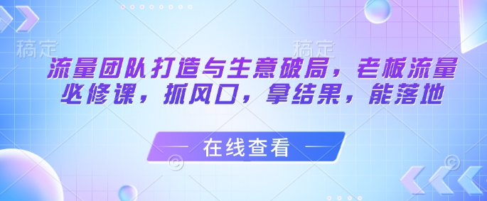 流量团队打造与生意破局，老板流量必修课，抓风口，拿结果，能落地-优易云网创