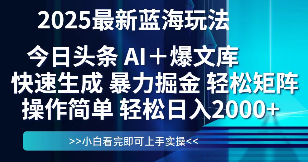 今日头条2025最新蓝海玩法，思路简单，复制粘贴，轻松实现矩阵日入2000+-清枫云网创