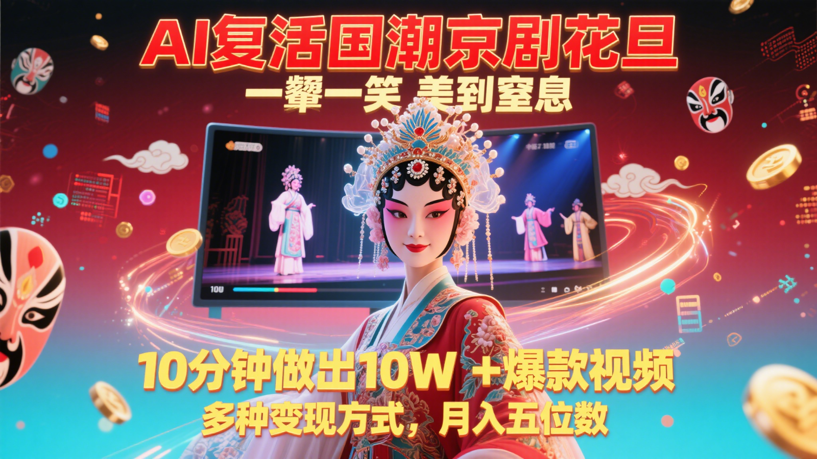 AI复活国潮京剧花旦，一颦一笑美到窒息，10分钟做出10W+爆款视频，多种变现方式-易荣云网创