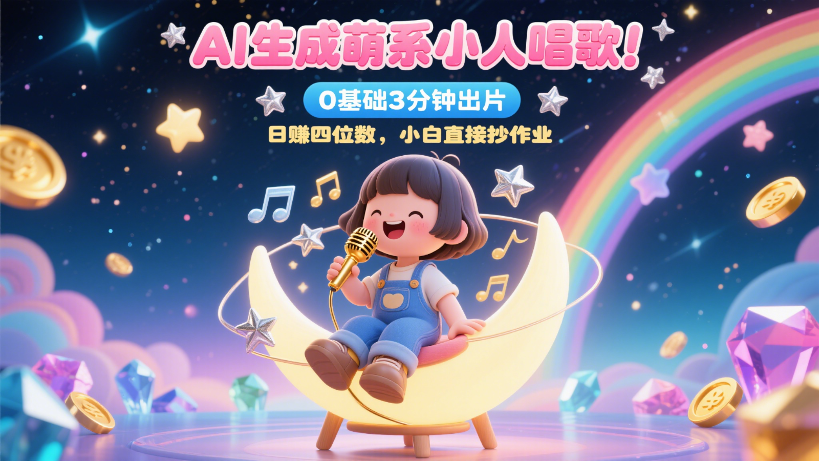 AI生成萌系小人唱歌！0基础3分钟出片，28个作品涨粉9万，日赚四位数，小白直接抄作业-云分享