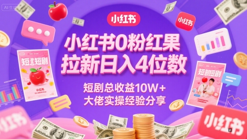 小红书0粉红果短剧拉新日入4位，数短剧总收益10W+大佬实操经验分享-浩然网创