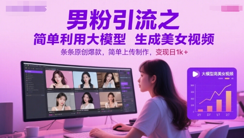 男粉引流之简单利用大模型生成美女视频，条条原创爆款，简单上传制作，变现日1k+-云分享