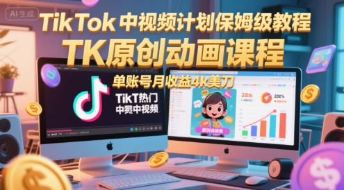 TikTok中视频计划保姆级教程，TK原创动画课程，单账号月收益4k美刀-易创网