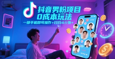 抖音男粉项目0成本玩法，一部手机即可操作，日均4张+，时间自由-网创云