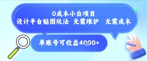 0成本小白项目，设计平台贴图玩法，无需维护，无需成本，单账号单月可产生收益4k+-浩然网创