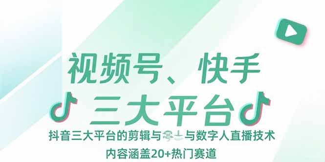 视频号、快手、抖音三大平台的剪辑与数字人直播技术，内容涵盖20+热门赛道-学长