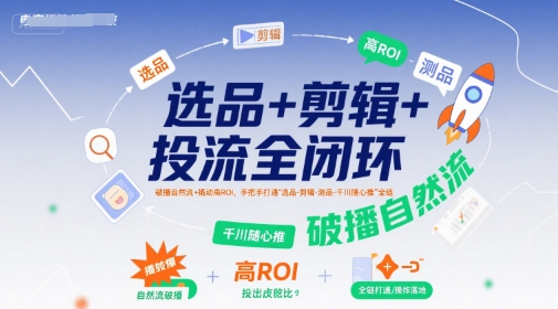 选品+剪辑+投流全闭环，破播自然流+撬动高ROI，手把手打通“选品-剪辑-测品-千川随心推”全链-云网创