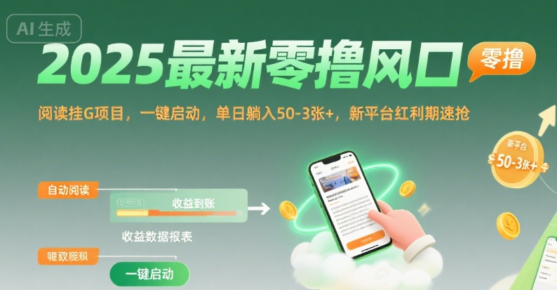 2025最新零撸风口，阅读挂G项目，一键启动，单日躺入 50-3张+，新平台红利期速抢【揭秘】-云网创