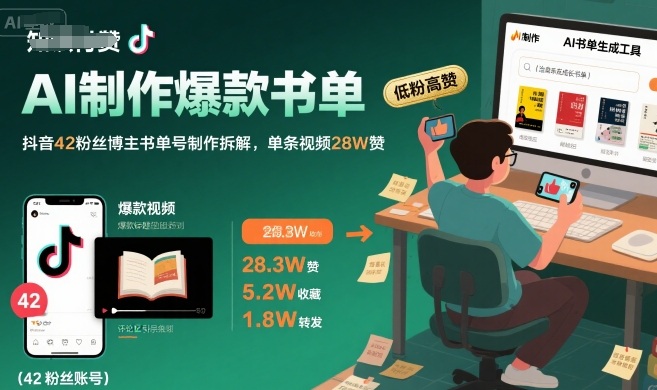 AI制作爆款书单，抖音42粉丝博主书单号制作拆解，单条视频28W赞-浩然网创