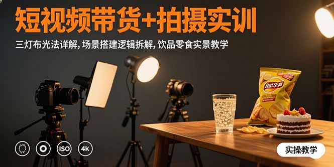 短视频带货+拍摄实训：三灯布光法详解,场景搭建逻辑拆解,饮品零食实景教学-云网创