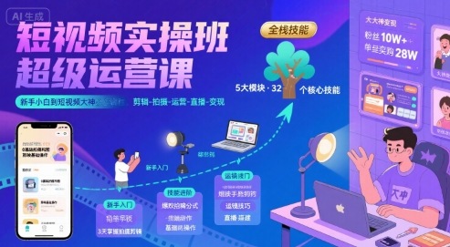 短视频实操班超级运营课，新手小白到短视频大神必修课程，剪辑-拍摄-运营-直播-变现-烟雨网创