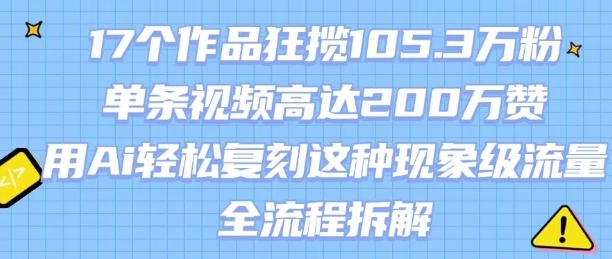 17个作品狂揽105.3W粉，单条视频高达200W赞，用Ai轻松复刻这种现象级流量!(全流程拆解)-网创云