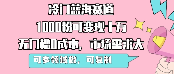 冷门蓝海赛道，1000粉可变现十W，无门槛0成本，市场需求大，可多领域做，可复制性强-共赢云网创