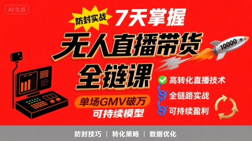 无人直播带货全链防封实战课，7天掌握高转化直播技术，实现单场GMV破万可持续模型-零氪云网创