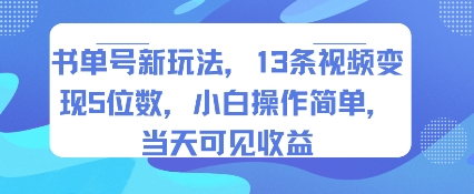 书单号新玩法，13条视频变现5位数，小白操作简单，当天可见收益-苏宇网创